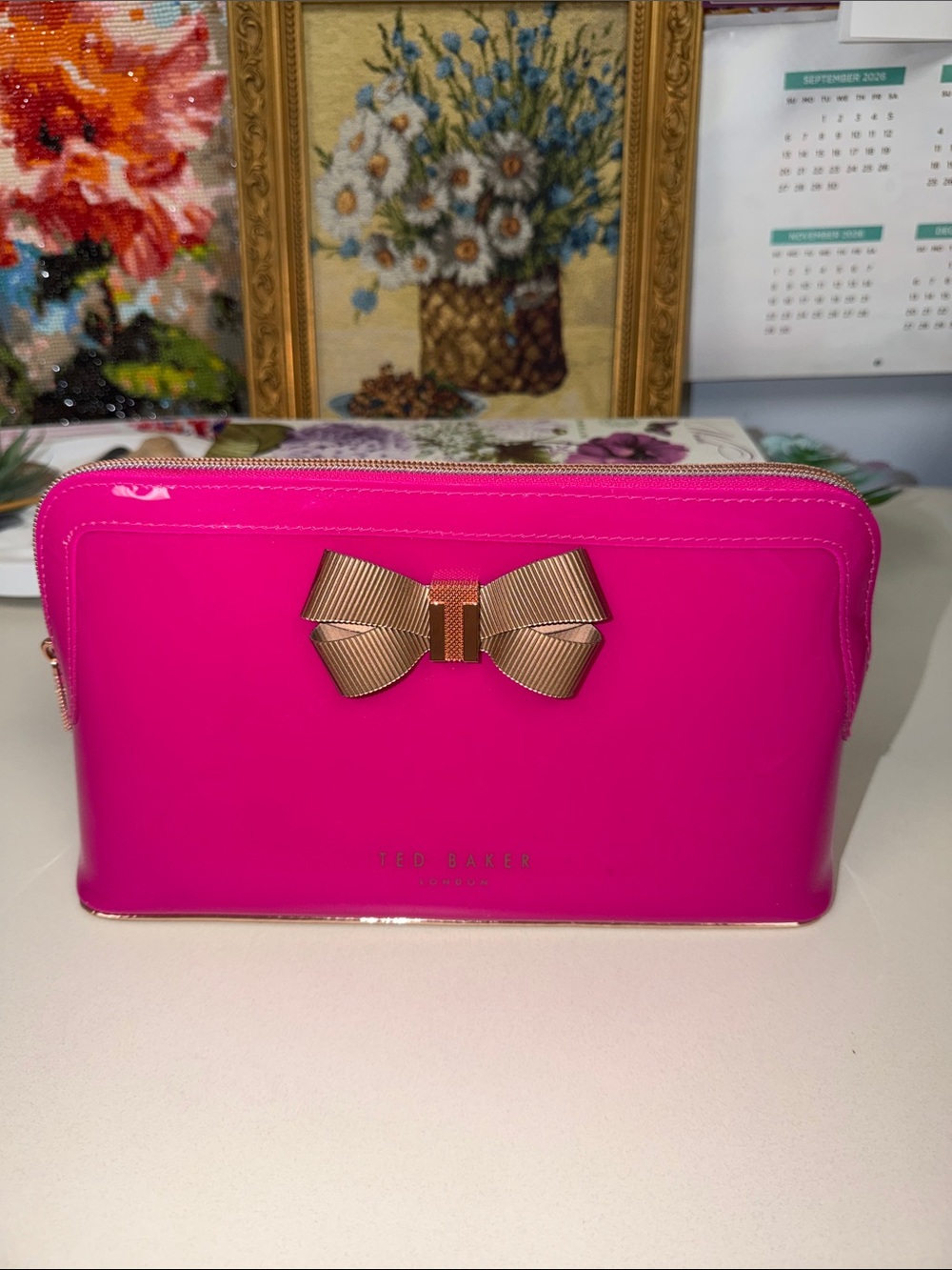 Ted Baker vibrant fuchsia pink patent cosmetic pouch